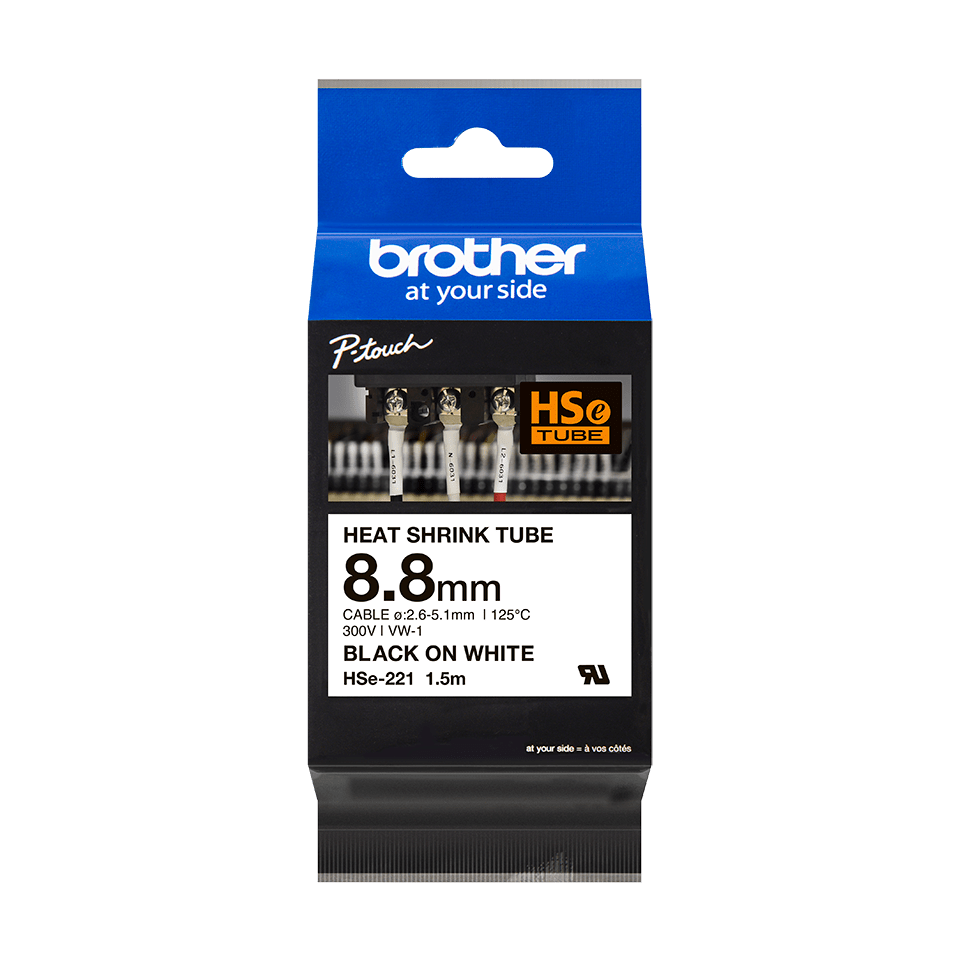 Genuine Brother HSe-221 Label Roll – Black on White with heat shrink, 8.8mm x 1.5M  3